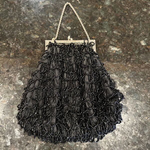 Vintage Ladies Black Beaded Evening Bag Purse Handmade Elegant